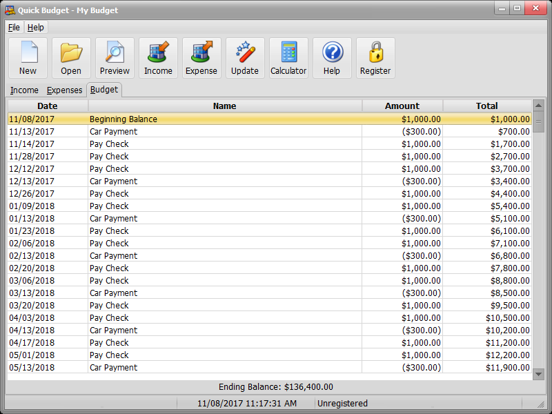 Main Screen Budget tab Image